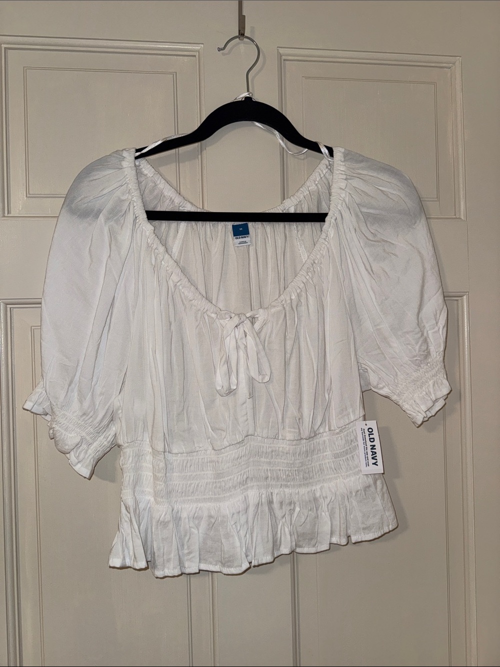 Old Navy White Peasant Crop Blouse with Puff Sleeves